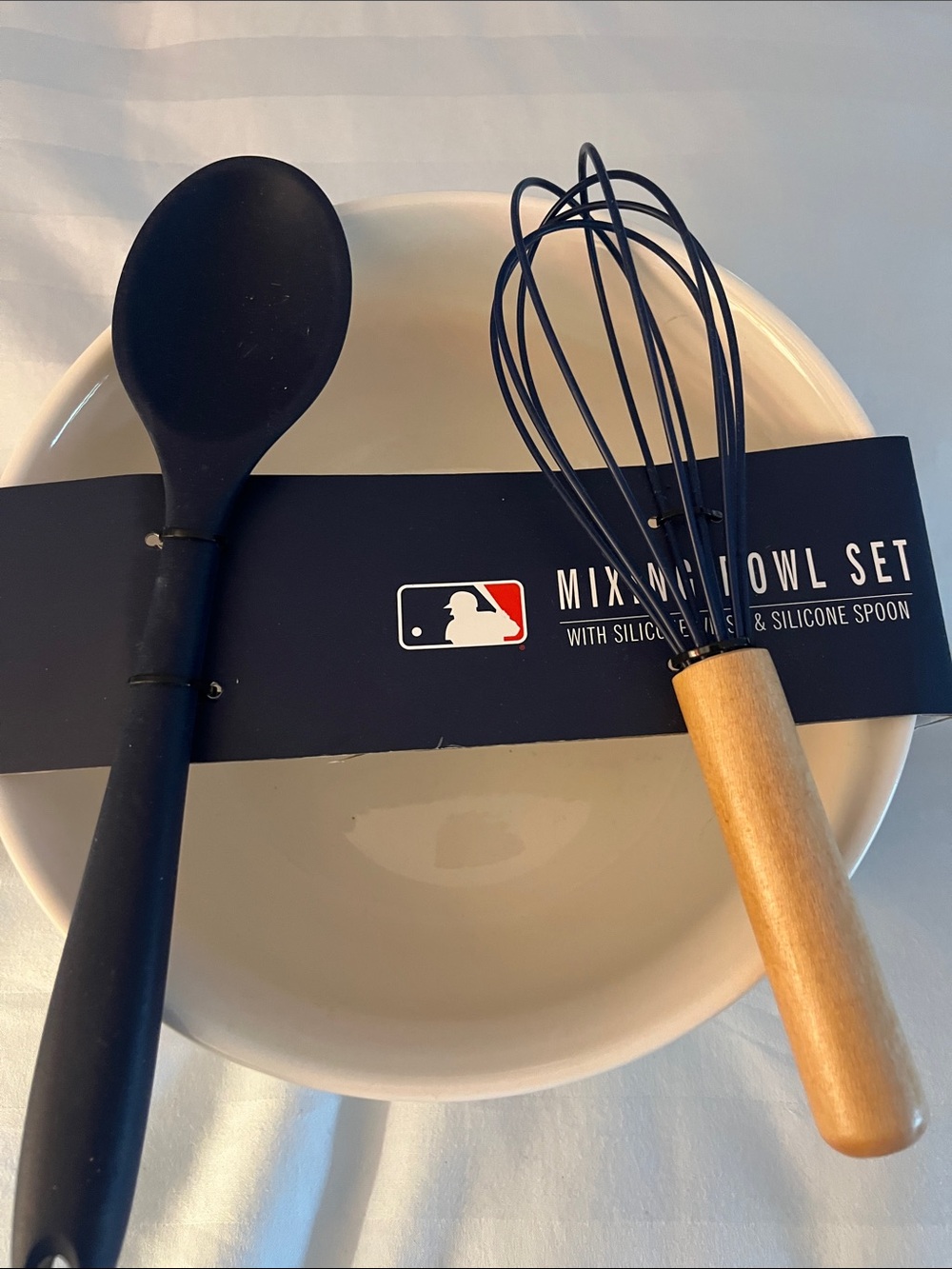 NIP! Boston Red Sox White Ceramic Mixing Bowl Silicone Spoon and Wooden Whisk